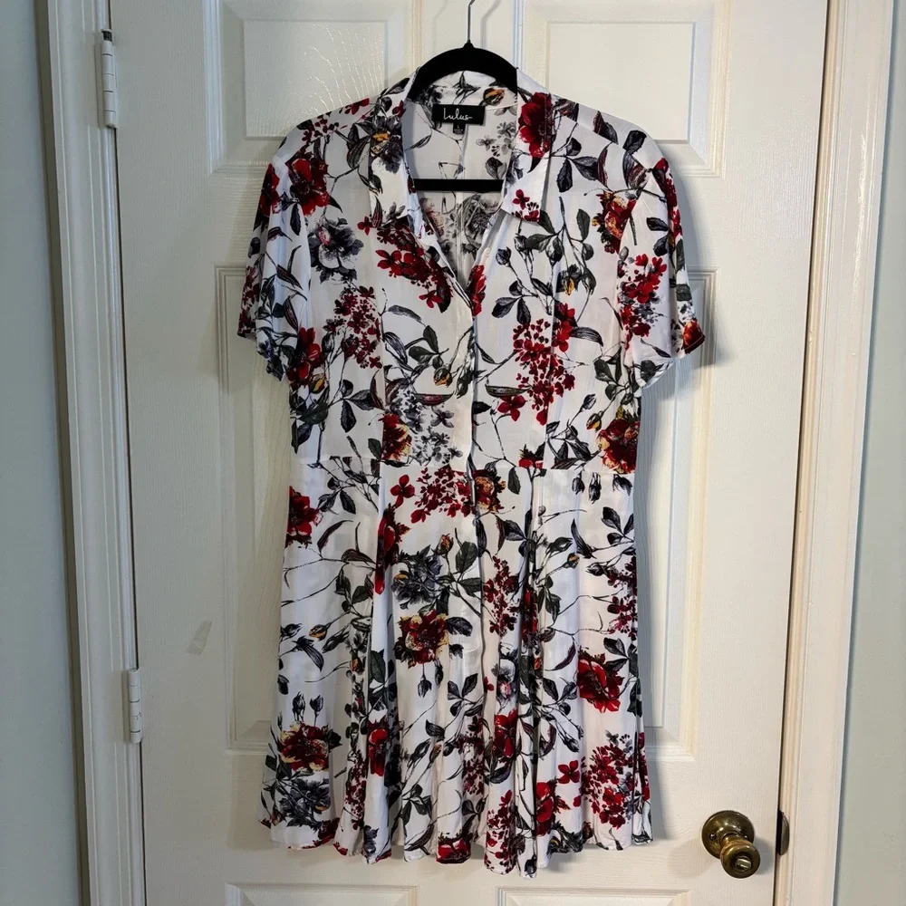 Lulus Floral Shirt Dress Large White Red Belted Fit Flare Mini Dress